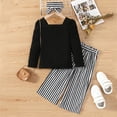 thumbnail image 2 of Gibobby Conjunto niña Niños pequeños, bebés, niñas, manga larga, tops sólidos, pantalones a rayas con diademas, conjunto de 3 piezas(Negro,3-4 Años), 2 of 4