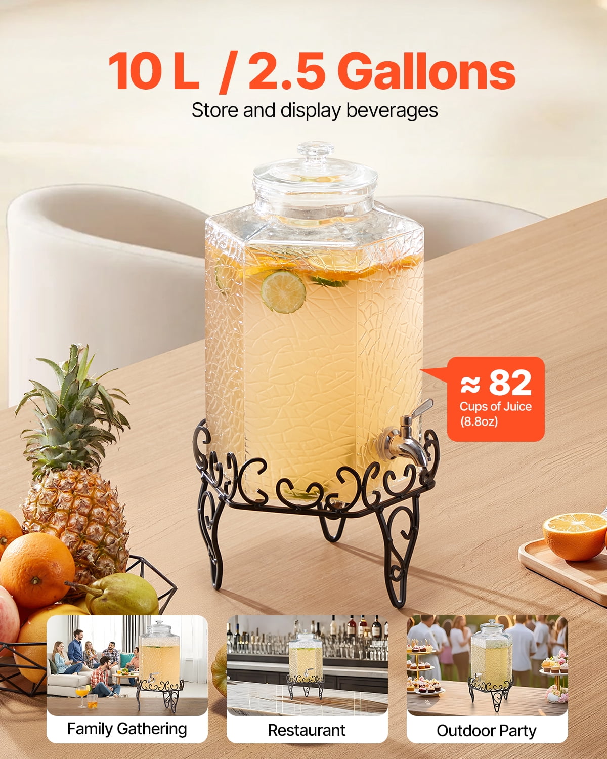 VEVOR Beverage Dispenser, 2.5 Gallon Drink Dispensers for Parties, Glass Juice Dispenser with Metal Stand, Stainless Steel Spigot, Iced Tea Lemonade Juice Water Dispensers for Parties