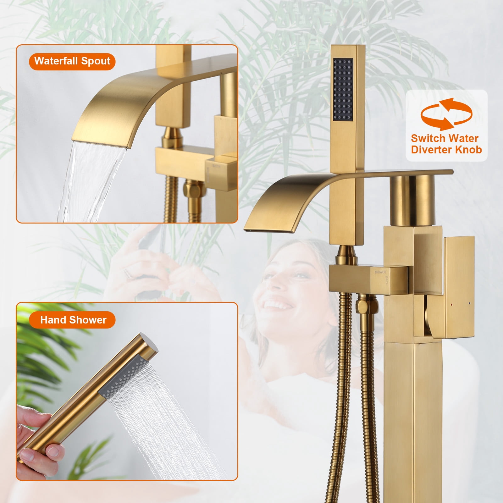 Wowow Brass Waterfall Single-Handle Floor Mount Freestanding Bathtub Faucet with Hand Shower and Supply Line in Gold