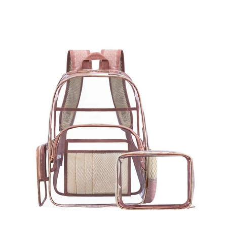 NiceEbag Clear Backpack with Cosmetic Bag & Case, Clear Transparent PVC Multi-pockets School Backpack Outdoor Bookbag Travel Makeup Quart Luggage Pouch Organizer Fit 15.6 Inch Laptop (Rose Gold)