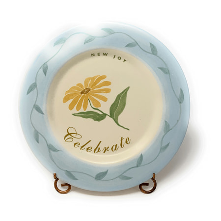 Joy Stoneware - Russ Berrie A New Awakening Handpainted Stoneware Plate with Metal Stand (New Joy Blue)
