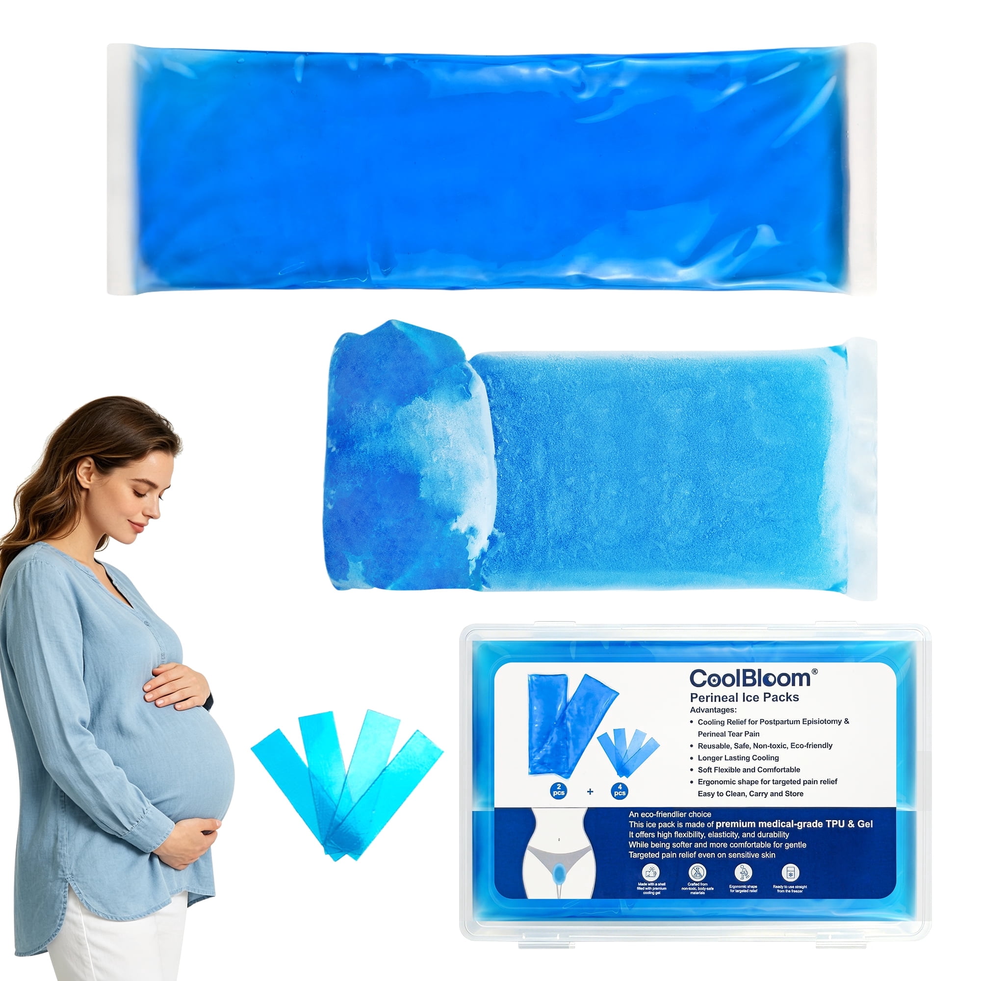 CoolBloom reusable postpartum perineal ice packs, flexible even when frozen hot & cold gel pads for hemorrhoid & pain relief, comes with storage box