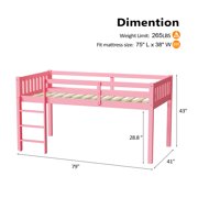 JOYMOR Low Loft Bed Twin Size with Stairs, Pind Wood Loft Bed for Girl, Space-Saving Design, Pink