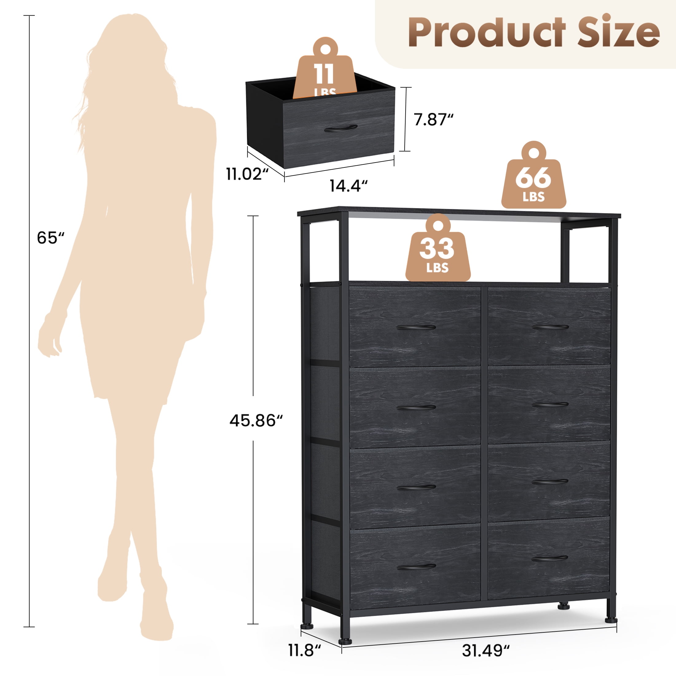 edx 8 Drawers Fabric Dresser, Clothes Storing, Storage Tower Organizer TV Stand, for Bedrooms, Wardrobes, Entryways, and Living Rooms, WoodBlack