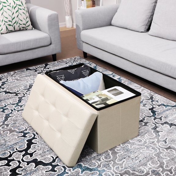 SONGMICS 30" Storage Ottoman Bench Ottoman with Storage Footstool Hold up to 660 lb for Bedroom Living Room Beige