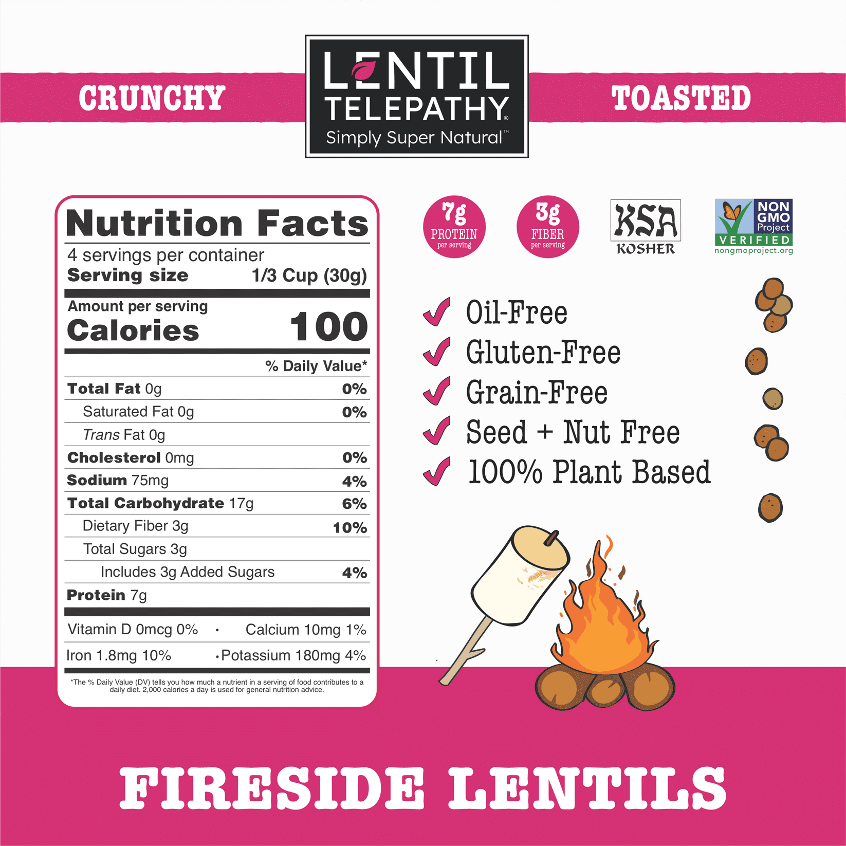 Lentil Telepathy Crunchy Toasted Snacks - Healthy Low Calorie Snacks, 100% Plant-Based Gluten Free Ready to Eat Straight from the Bag, Non-GMO, 4 Ounce Bags (SmokyMarshmallow3Pack)