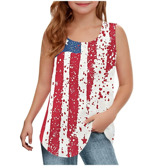 Jgppe Girls 4th of July Tops Tank Shirts Casual Breathable Sleeveless Tunic Shirts Loose Summer 5-14 Years