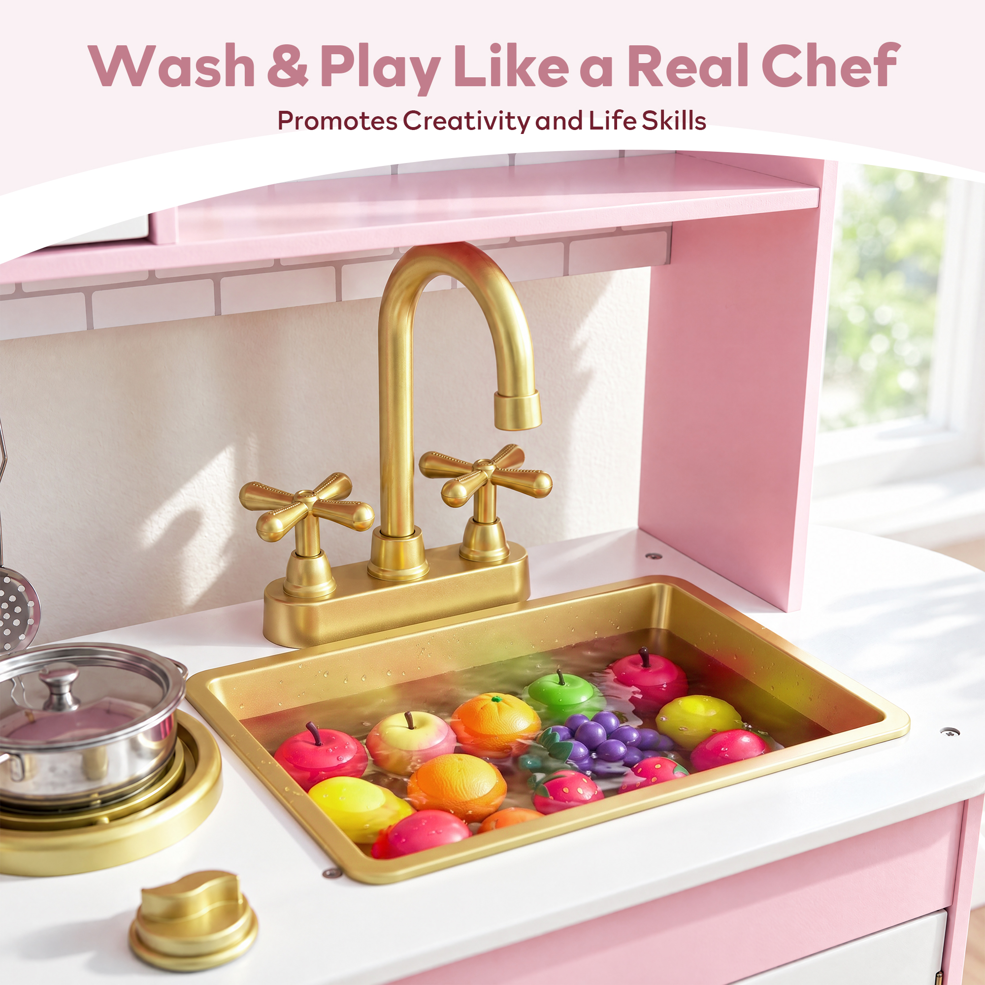 AILEEKISS Wooden Kids Play Kitchen Set - Gold Pink photo 6