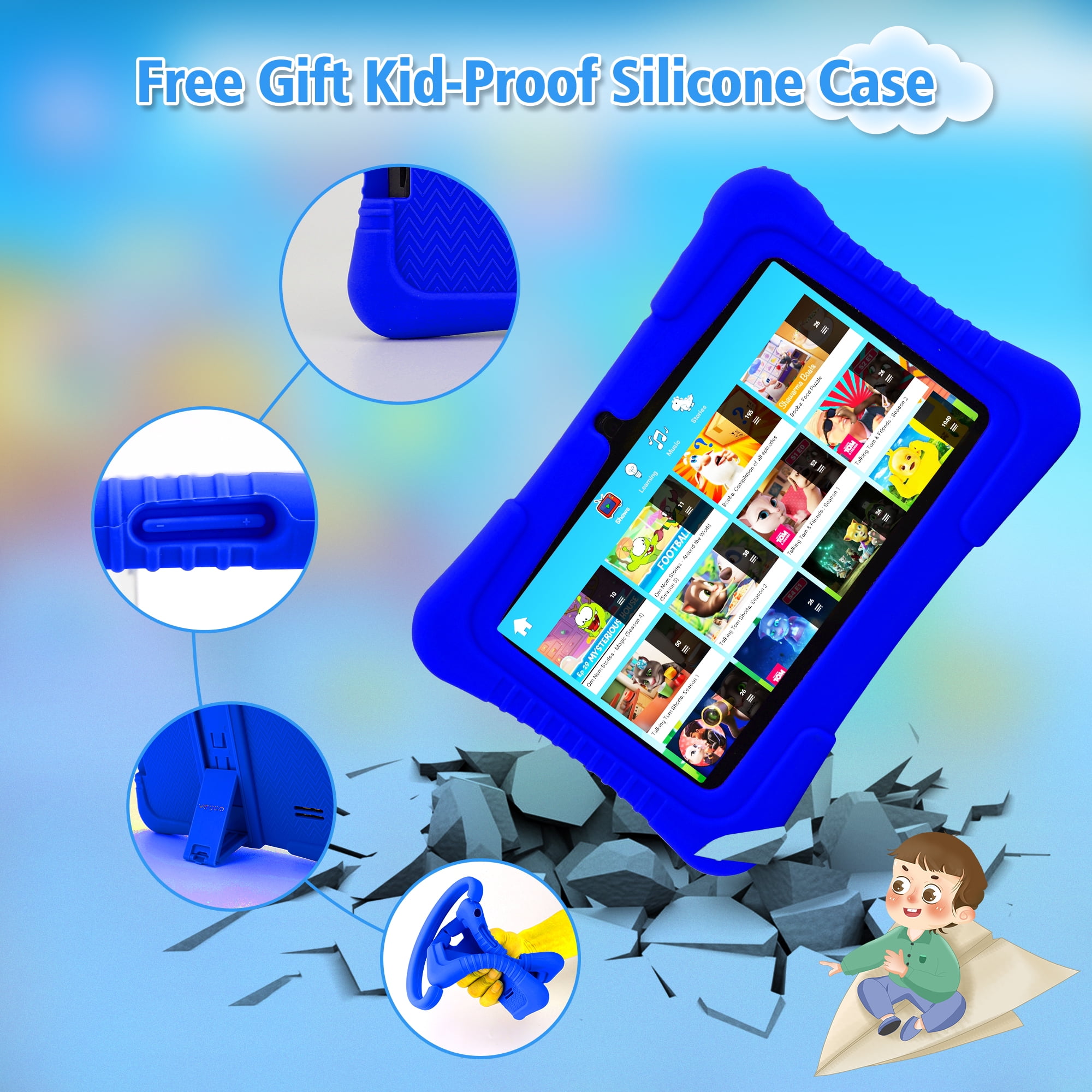 Veidoo 7 inch Android Kids Tablet, 2GB RAM 32GB Storage, Learning Tablet for Children, WiFi, Bluetooth, Dual Cameras, Parental Control, Toddler Tablet with Silicone Case(Dark Blue)