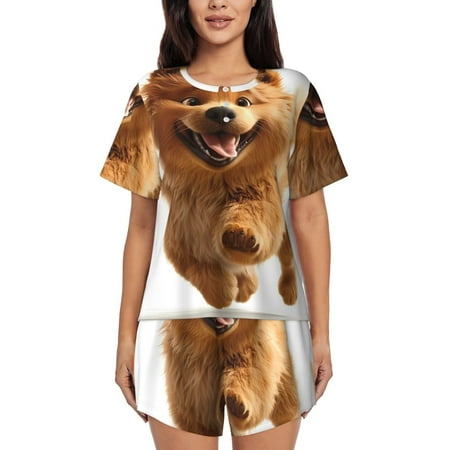 Ocsxa Happy Fluffy Running Dog Print Women s Short-Sleeved Pajama Set Pajamas 2 Piece Short Sleeve Sleepwear Set Summer Pajamas Set Lounge Sets 2-Piece Pj-X-Large