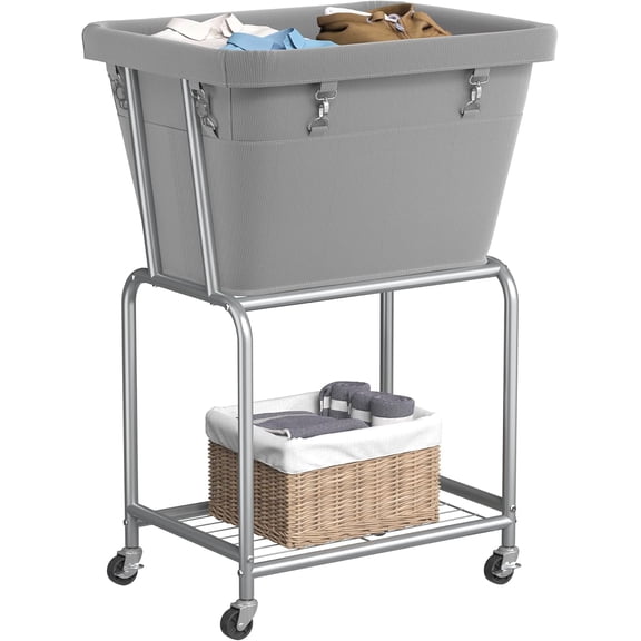 Laundry Cart with Wheels, Rolling Laundry Hamper with Removable Bag and Shelf, Metal Frame Laundry Basket with 4 Casters and 2 Brakes, Ideal for Bedroom, Bathroom, Laundry Room, Gray