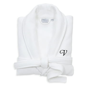 Authentic Hotel and Spa  White Unisex Turkish Cotton Waffle Weave Terry Bath Robe with Black Script Monogram V S/M
