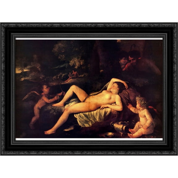 Sleeping Venus and Cupid 24x19 Black Ornate Wood Framed Canvas Art by Poussin, Nicolas