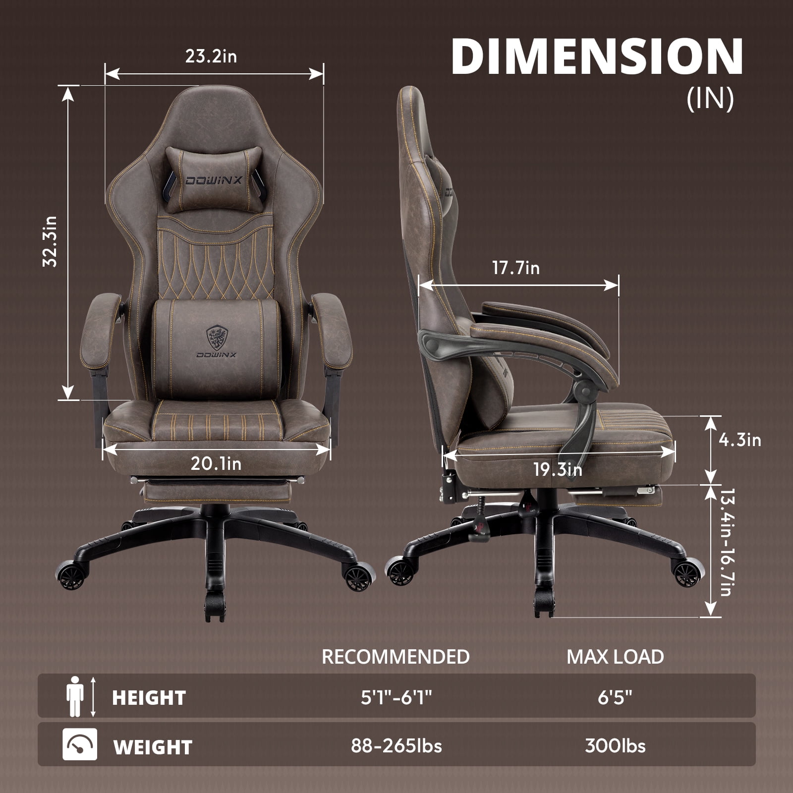 Dowinx Gaming Chair Breathable PU Leather Gamer Chair with Pocket Spring Cushion, Ergonomic Computer Chair with Massage Lumbar Support,Adjustable Swivel Task Chair with Footrest(Brown)