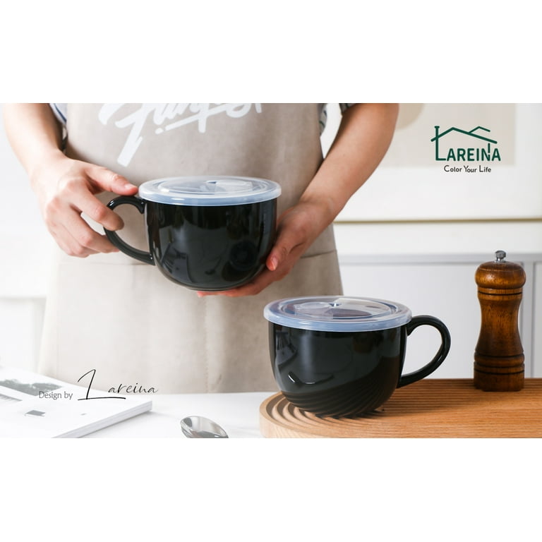 Lareina Large Soup Mugs 28 oz - Ceramic Cups With Anti-Heat Handle - Coffee  Mugs Set With Vented Plastic Highly Sealed Lid Jumbo Soup bowl Microwave &  ...