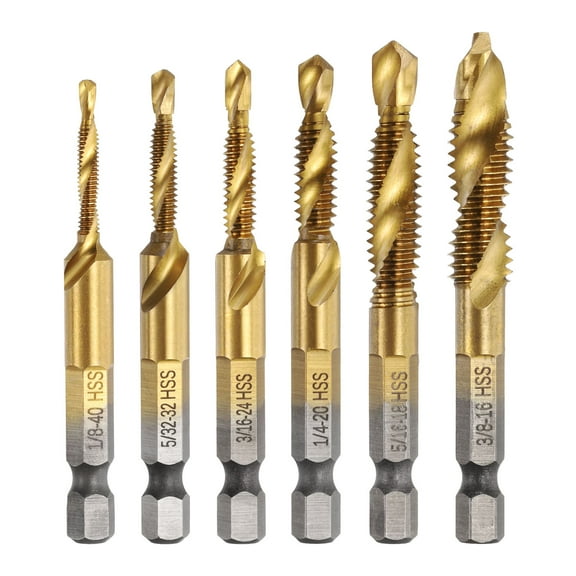 Uxcell 6pcs Combination Drill Tap Bit Set 1/8-40 BSW to 3/8-16 BSW High-Speed Steel Hex Handle Ti-Coated Screw Drill Bit