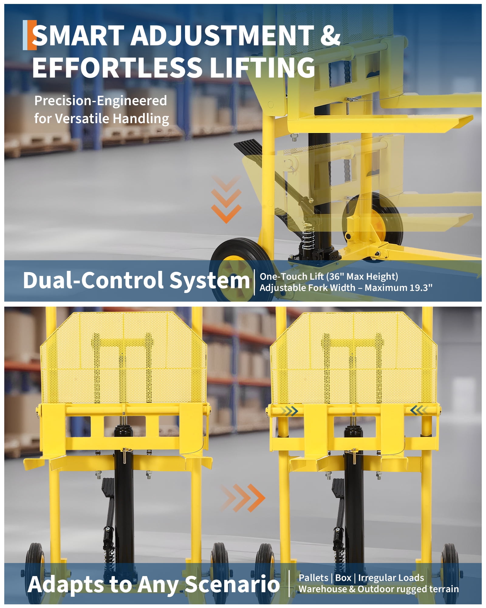 M optimized 440lbs Adjustable Hydraulic Hand Truck, Hydraulic Material Lift, Pallet Truck Dolly, Lift Table, Fork Lift, 36" Max Lift Winch Stacker with Steel Platform Board
