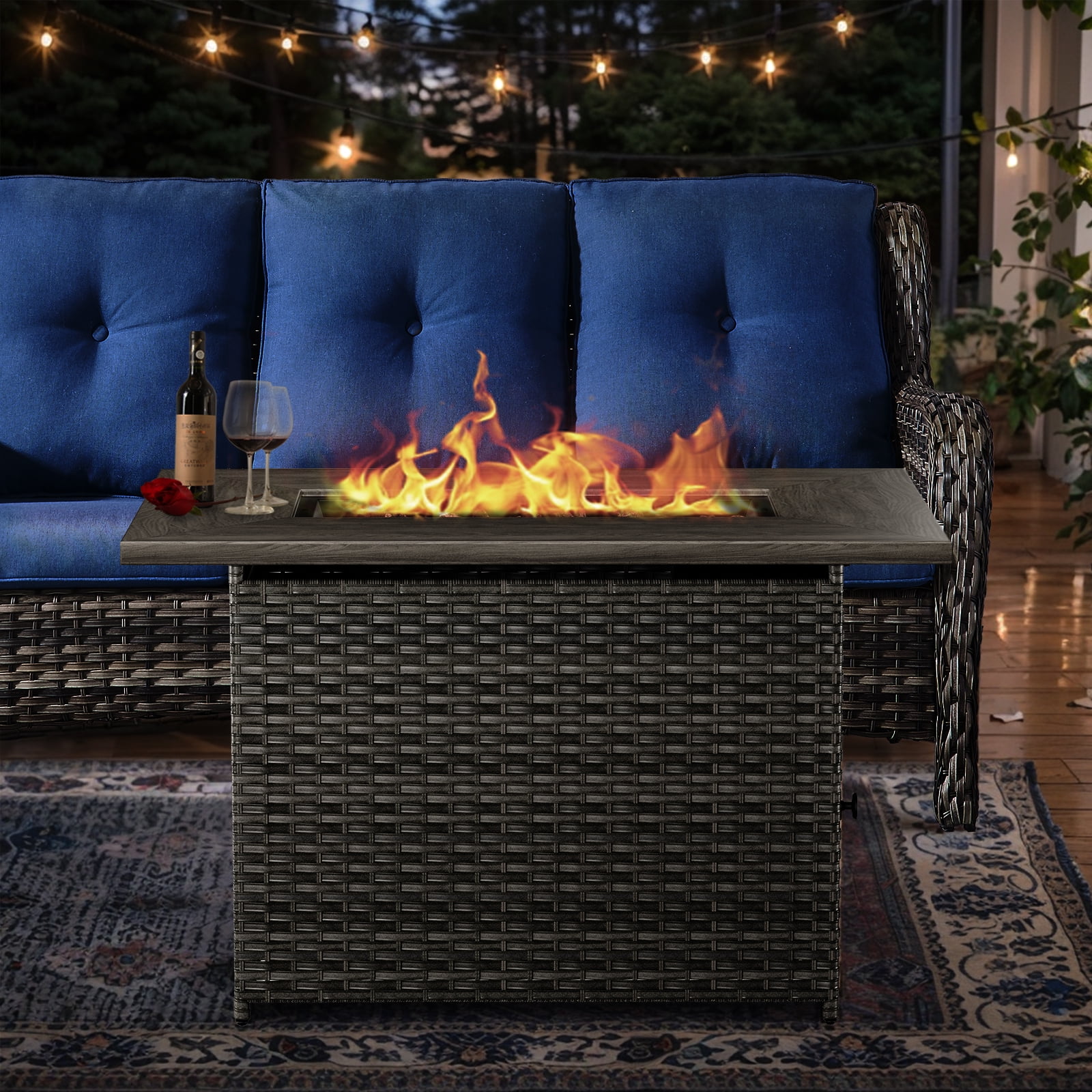 Gymojoy 5-Piece Outdoor Patio Furniture Set with Fire Pit Table - 2 Lounge Chairs, 2 Ottomans & 41" Rattan Fire Pit Table for Backyard, Garden, Poolside (Gray/Gray)