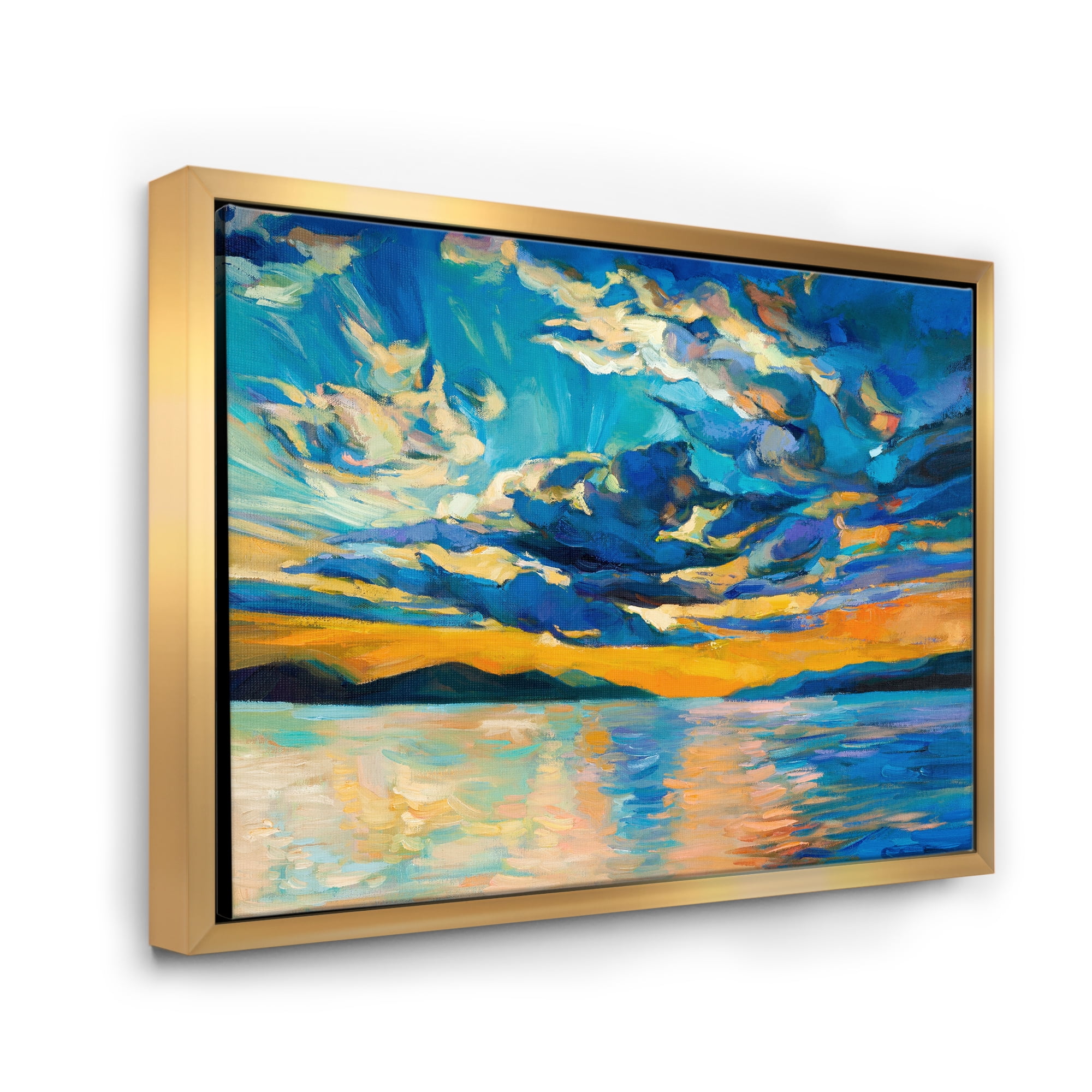 Cloudy Sunset Over Wide Open Ocean Horizon 32 in x 24 in Framed Painting Canvas Art Print, by Designart