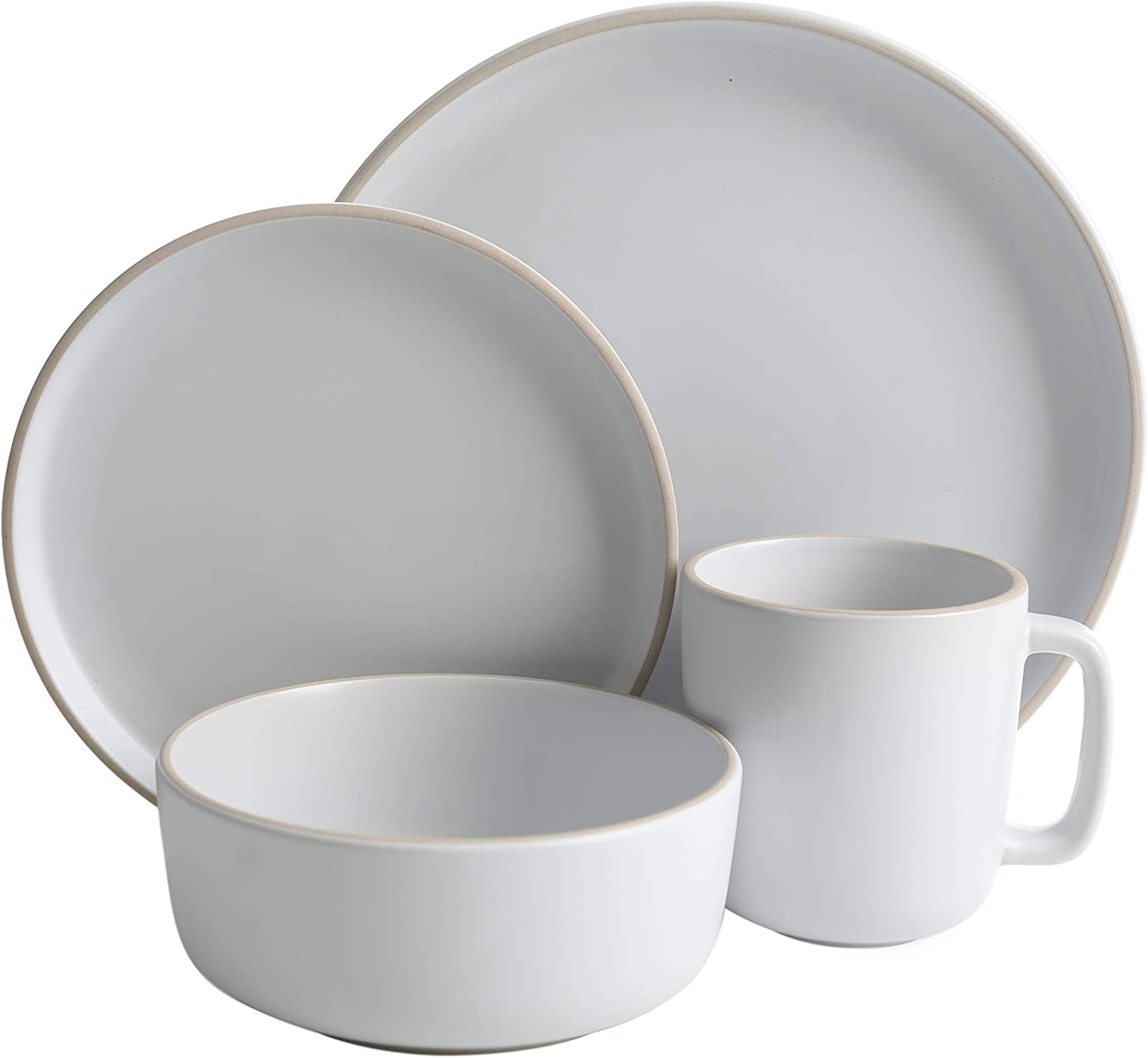 Colourfull Zuma 16 Piece Round Kitchen Dinnerware Set, Dishes, Plates, Bowls, Mugs, Service for 4, Matte Stoneware, White