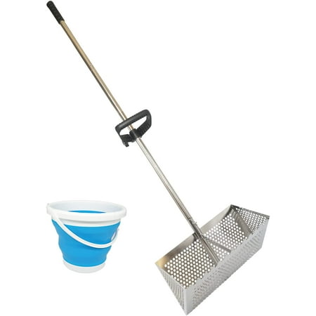 

Sand Fleas Rake Stainless Steel Sand Sifter Detachable 47 Inches Long Handle Collapsible Shark Tooth Sifter for Beach Sand Crab Catcher with Foldable Pail .
