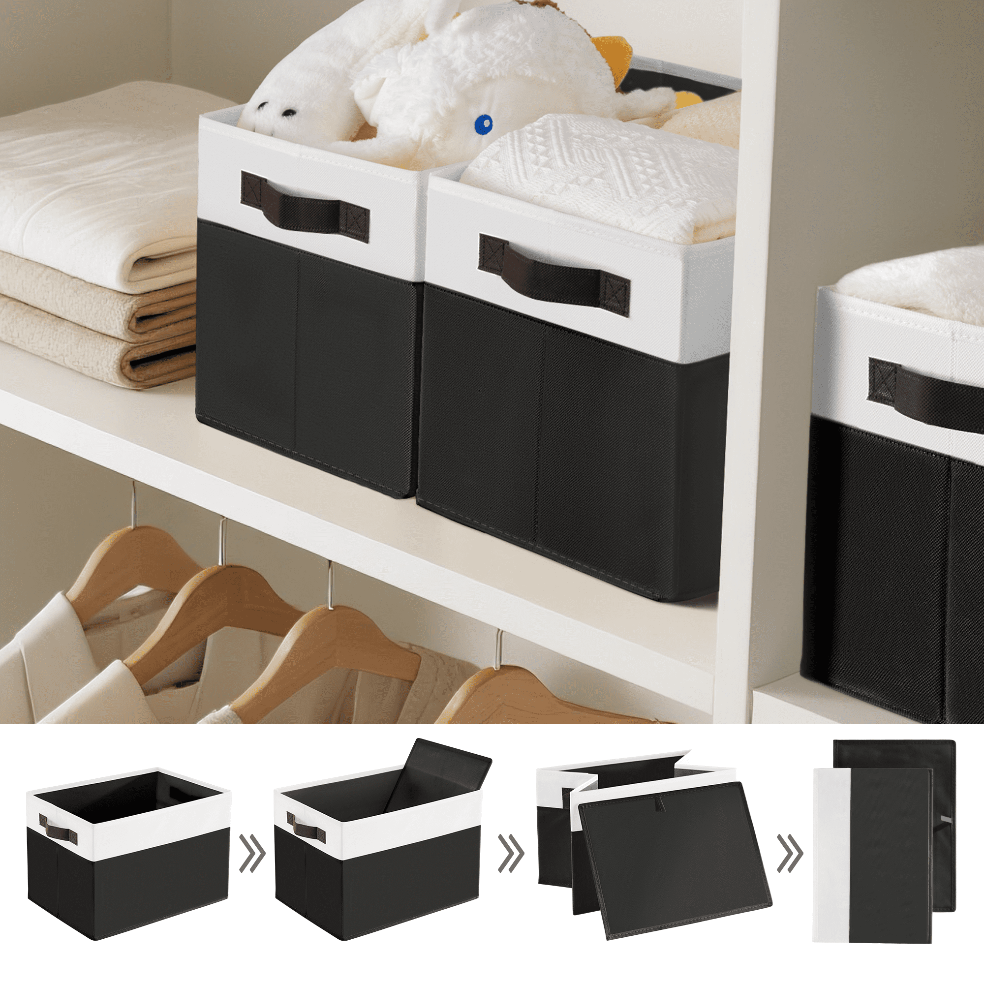 Criusia 6 Pack Large Cube Storage Bins for Shelves, Foldable Fabric Storage Cubes with Handles, Closet Organizers and Storage Bins for Clothes, Toys, Towels & Linen, Black