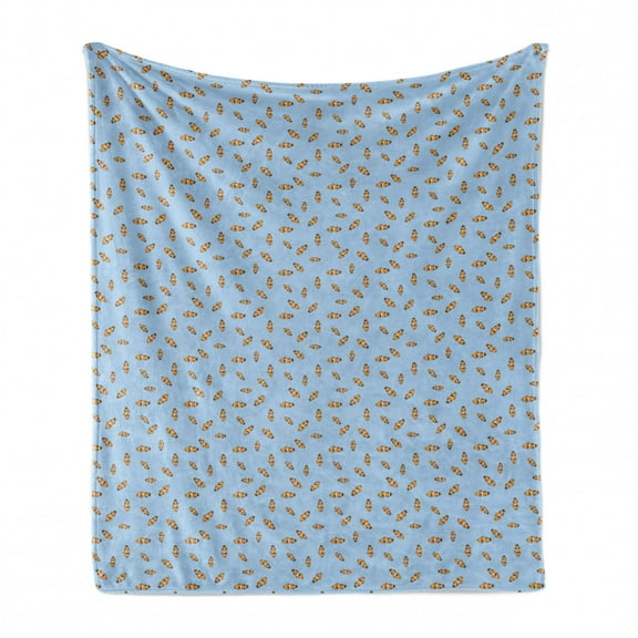 Cartoon Soft Flannel Fleece Throw Blanket, Illustration of Clownfish Repetitive Simplistic Pattern Underwater, Cozy Plush for Indoor and Outdoor Use, 50" x 70", Pale Azure Blue Marigold, by Ambesonne