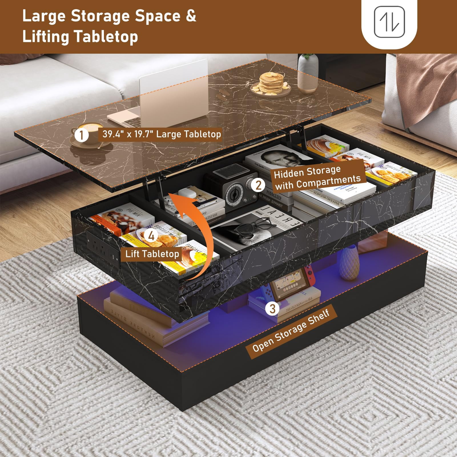 ChVans 39.4" Large Lift Top Coffee Table with Charging Station & LED Lights, Black High Glossy LED Coffee Table with Hidden Compartment Storage, Modern Living Room Tables