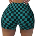 thumbnail image 2 of Logiee Black And Teal Checkerboard Print Women's Biker Shorts,Workout Gym Shorts,Scrunch Shorts,Tummy Control Hidden Scrunch Running Yoga Shorts-Medium, 2 of 8