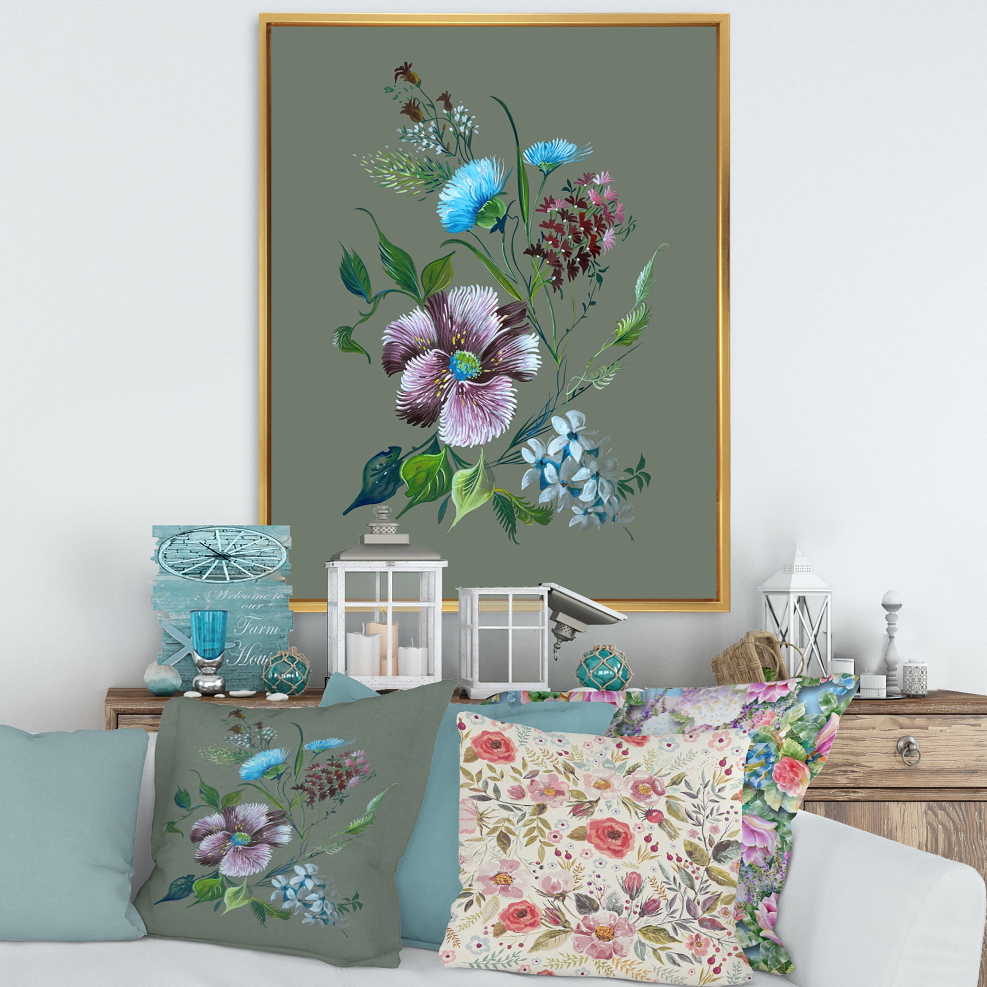 Designart 'Turquoise and Purple Spring Flowers' Traditional Framed Canvas Wall Art Print