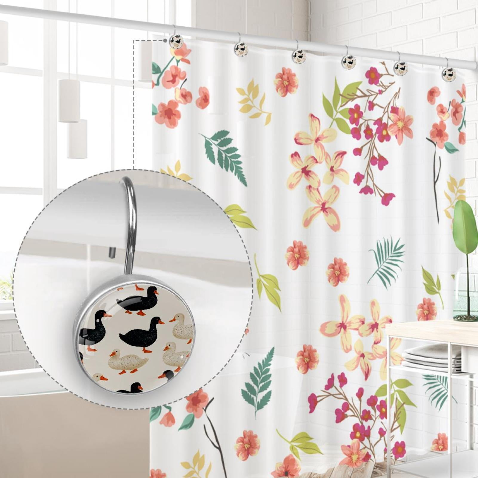 Black and White Indian Runner Ducks Shower Curtain Hooks Round Crystal Glass, Set of 12 Shower Curtain Rings - Shower Hooks for Curtain Shower Rings