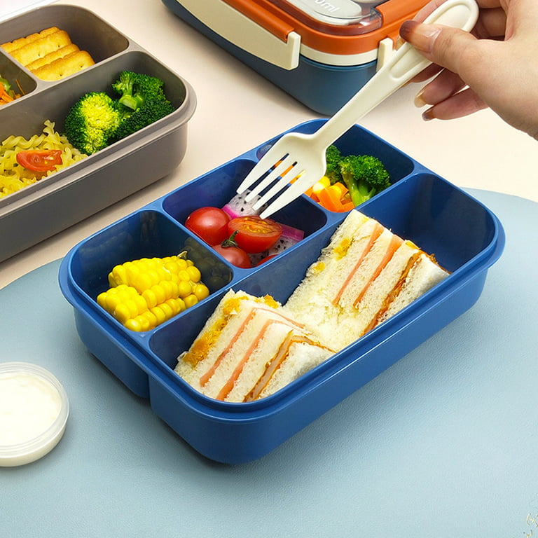 Yesbay 1 Set 1200/1700ml Lunch Box with Spoon Fork Grid Design Double Layer Food Preservation Microwave Safe Buckle Design Salad Container, Adult