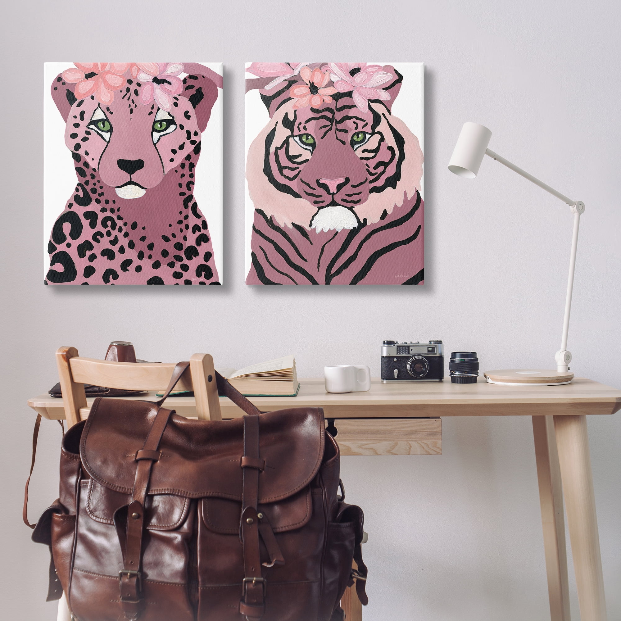 Stupell Industries Floral Cheetah Tiger Animals Painting Wrapped Canvas Art Print Wall Art, 24 x 30, Set of 2