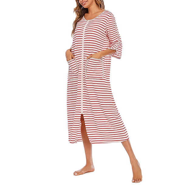 Camisón de rayas, camisón de rayas para mujer, elegante camisón de rayas con cremallera y cuello redondo, diseño exquisito