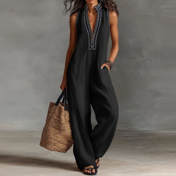 Sleeveless Stand Collar Wide Leg Jumpsuit for Women Casual Holiday Party Romper Summer Color Casual Fashionable Pocket Jumpsuit Outfit