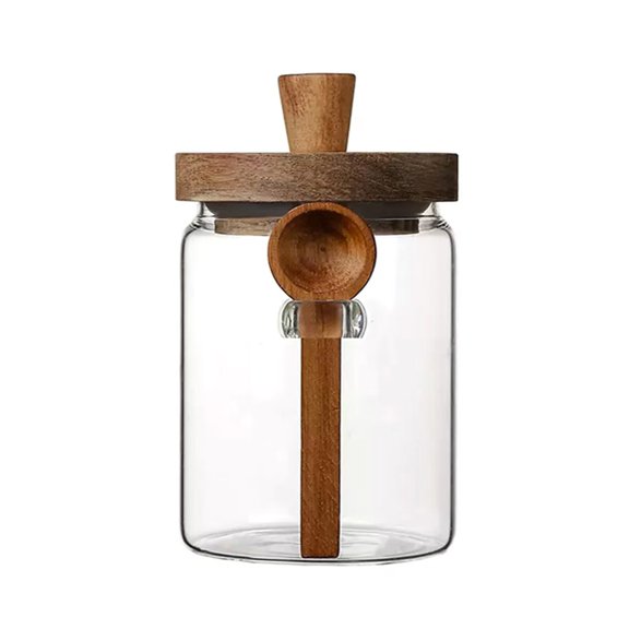 Shoreew Glass Airtight Canister Sealed Jar with Wooden Spoon Transparent Food Storage Jar for Spice Coffee Beans Kitchen Pantry Supplies