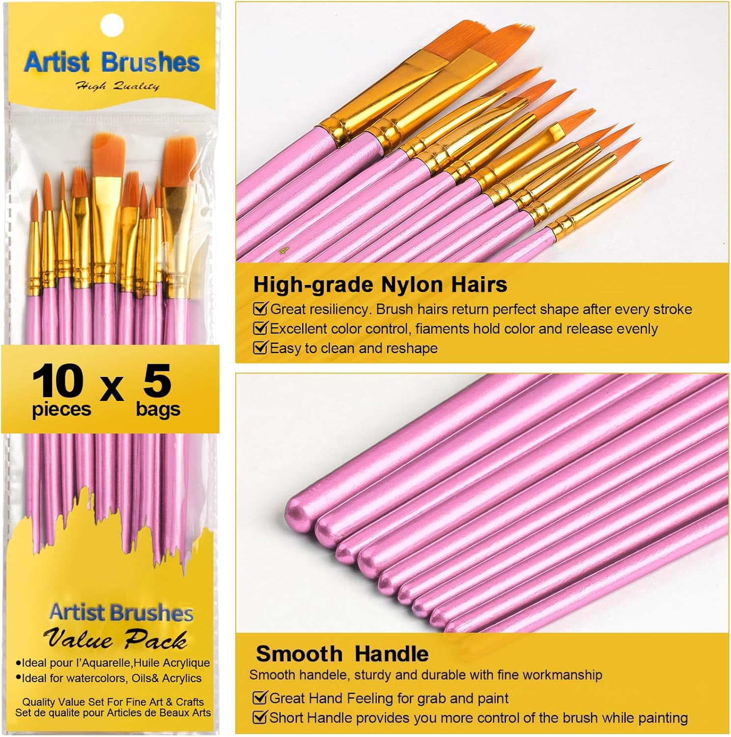 JJEAN-Acrylic Paint Brushes Set, 50Pcs Round Pointed Tip Artist Paintbrushes for Acrylic Painting Oil Watercolor Canvas Boards Rock Body Face Nail Art, Halloween Pumpkin Ceramic Crafts Supplies��Pink