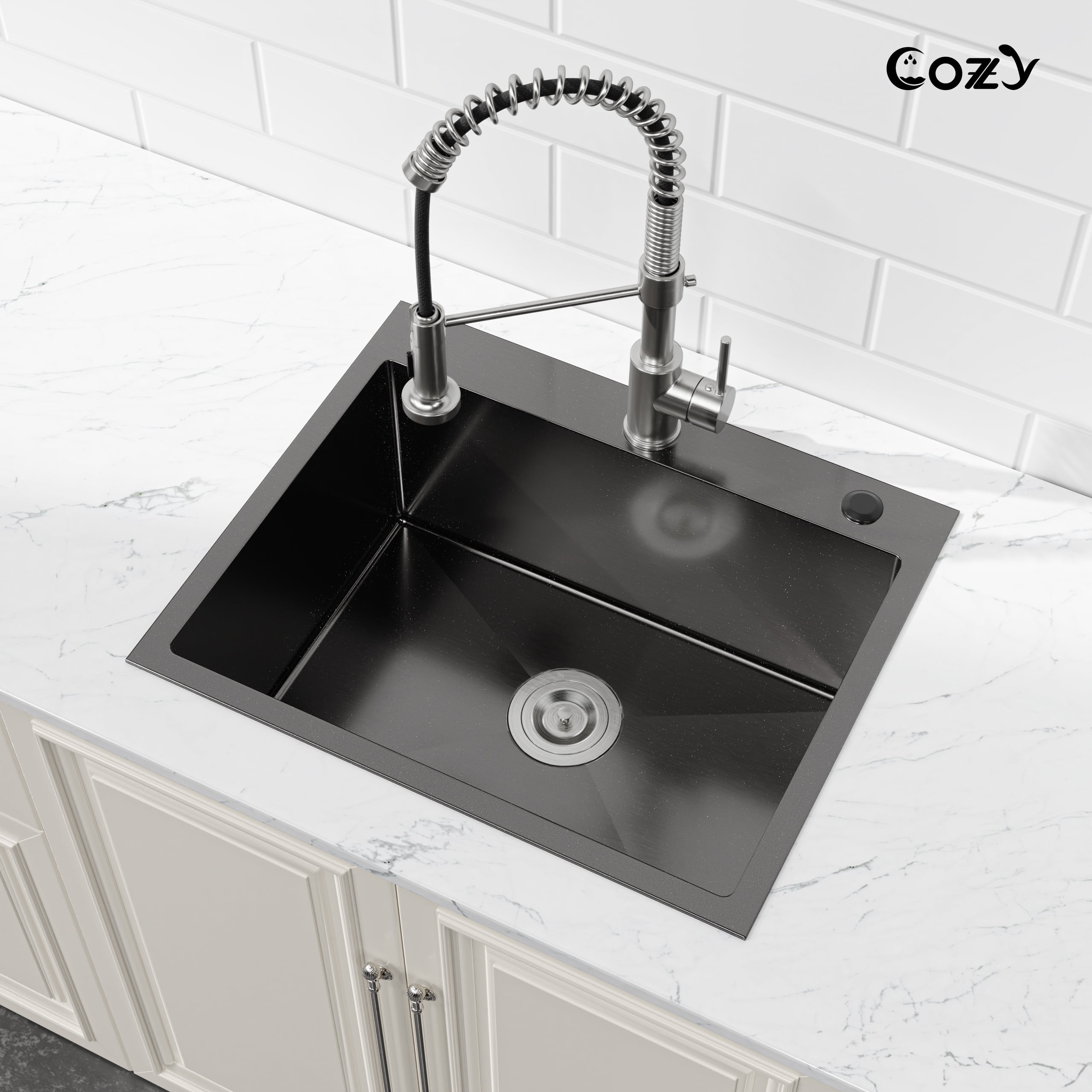 23″x19″ Stainless Steel Kitchen Sink, Single Bowl, Overmount Handmade Sink in Black, with US Standard Drain and Hook, SS-BL02D-231908-2