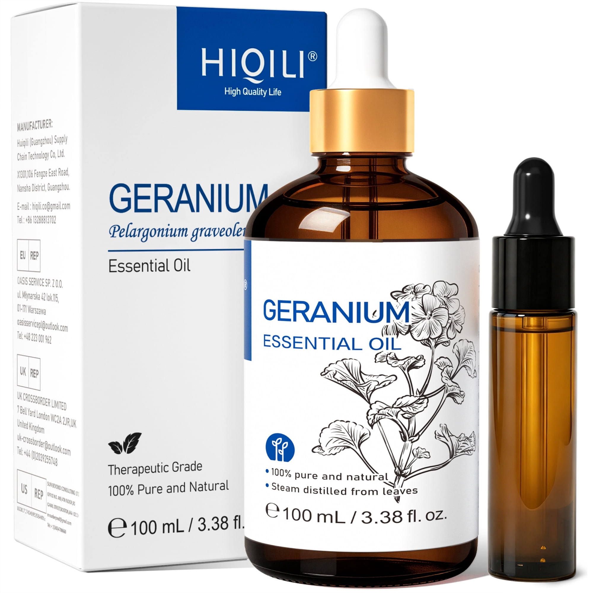 HIQILI Geranium Essential Oil, 100mL Pure Natural for Skin Hair Care, Diffuser & Massage