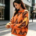 thumbnail image 3 of Dweltoz Women's Oversized Argyle Sweater Crew Neck Long Sleeve Knit Pullover Top Loose Fit Preppy Casual Fall Winter Clothes,Saffron XL, 3 of 4