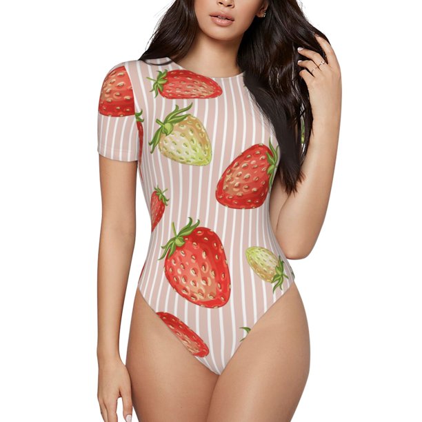Balery Strawberries Body de cuello redondo de manga corta para mujer Tops de manga corta Tops básicos-Large
