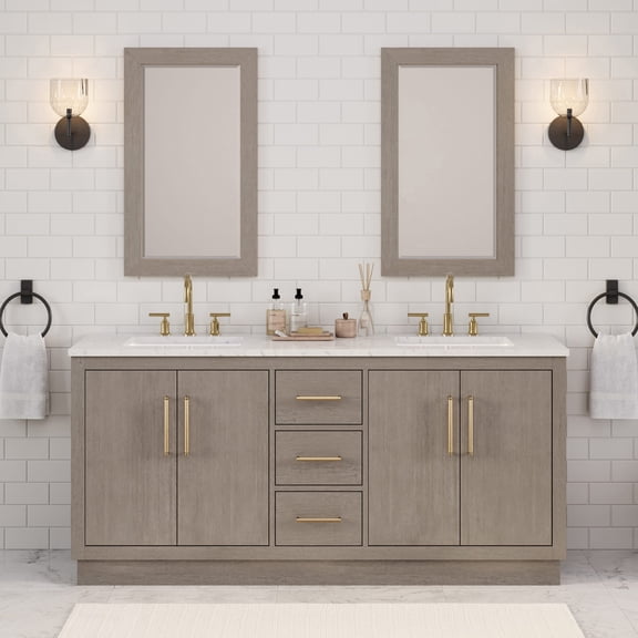 Water Creation 72" Wood Double Bathroom Vanity in Gray Oak & Gold
