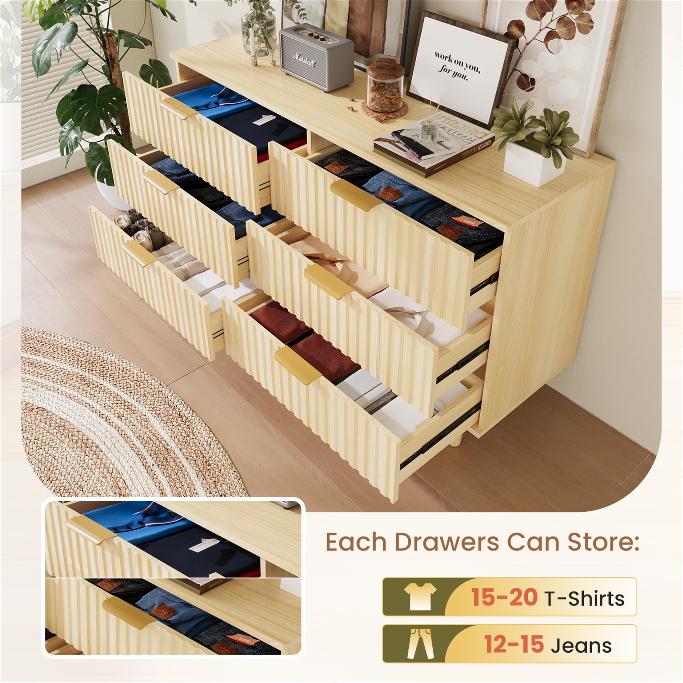 Planntonneo Fluted 6 Drawers Dresser, Wooden Chests of Drawers for Bedroom, Living Room, Entryway, Nature Wood Color