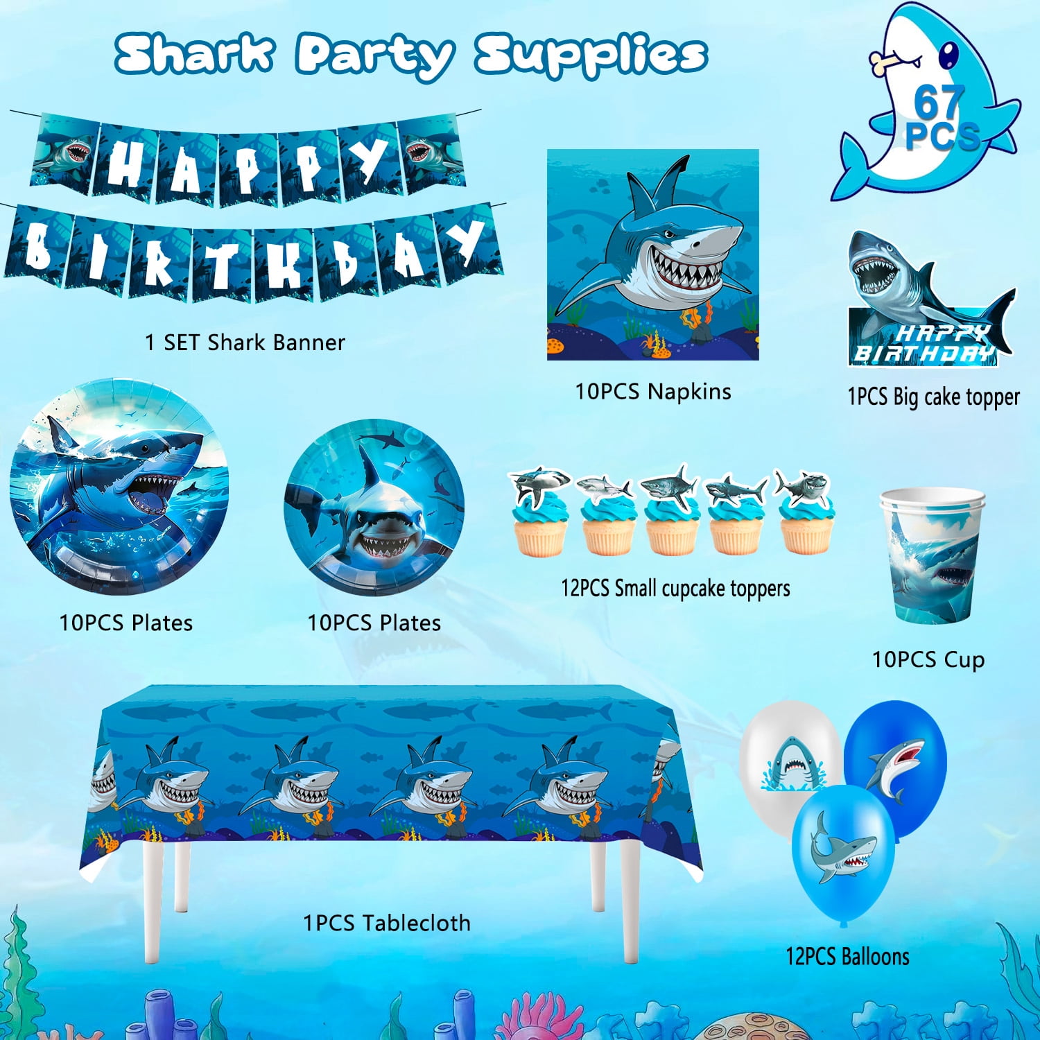 Shark Birthday Party Decorations,Shark Party Decorations & Shark Tableware Set- Shark Plate Cups Napkins & Shark Birthday Banner Balloons Cupcake Toppers etc Shark Birthday Party Supplies