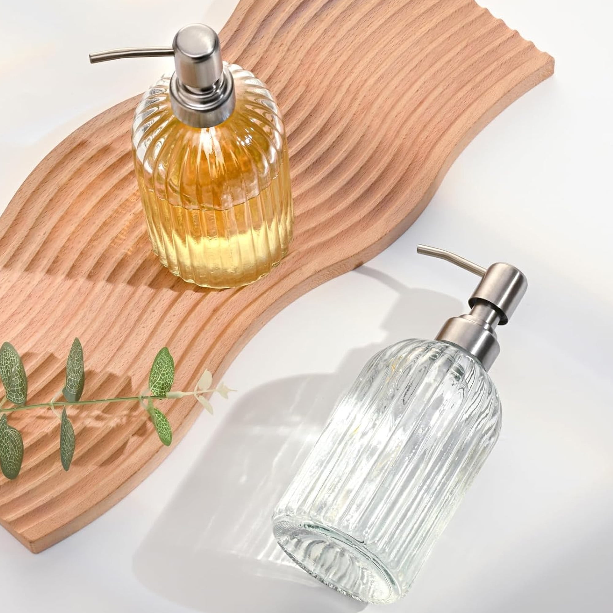 2 Pack Glass Soap Dispenser with Rust Proof Stainless Steel Pump, Refillable Hand Soap Dispenser with Vertical Stripe, Elegant Hand Soap Dispenser for Bathroom & Kitchen
