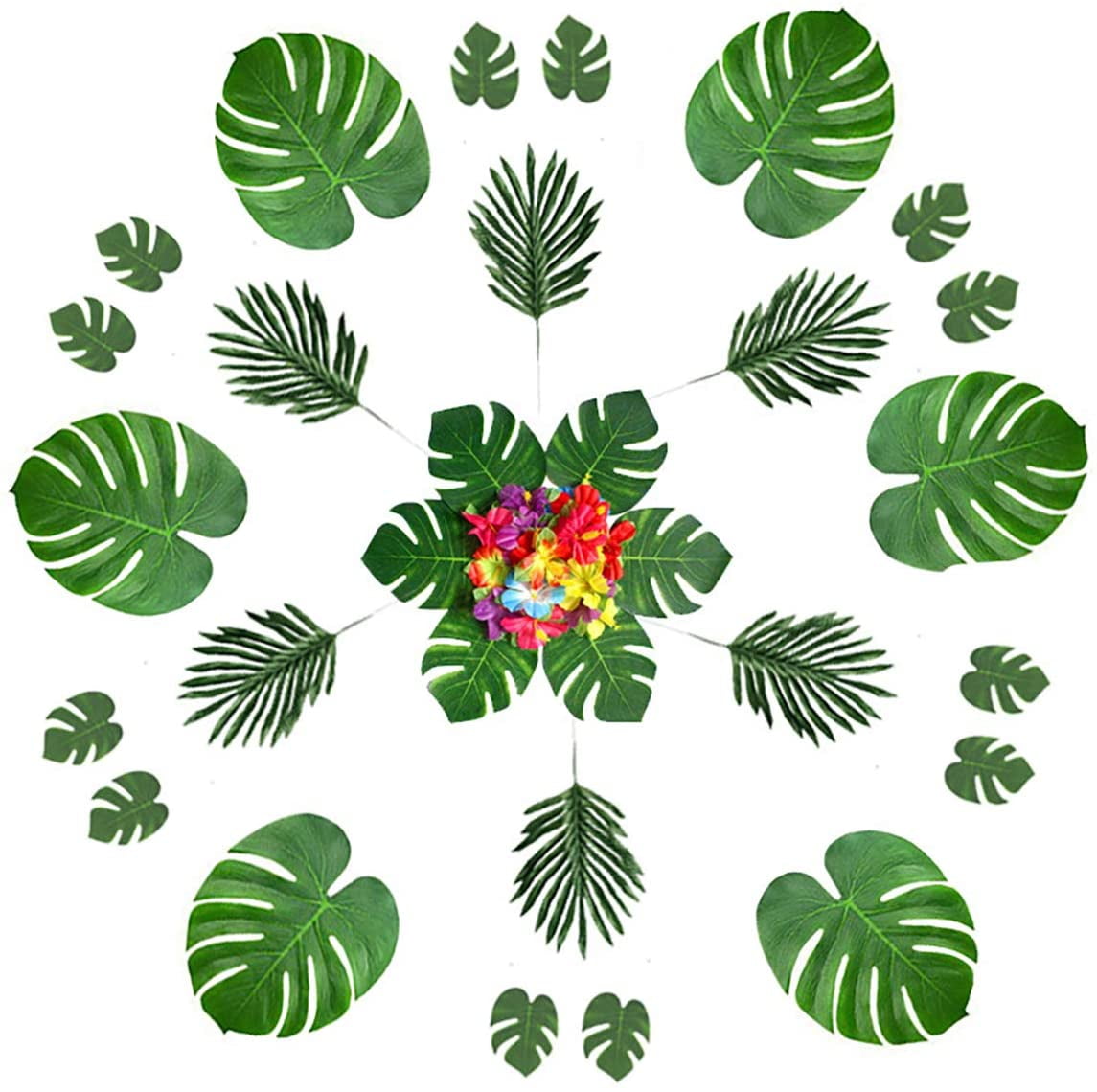 Set of 60 Tropical Palm Monstera Leaves and Hibiscus Flowers Tropical