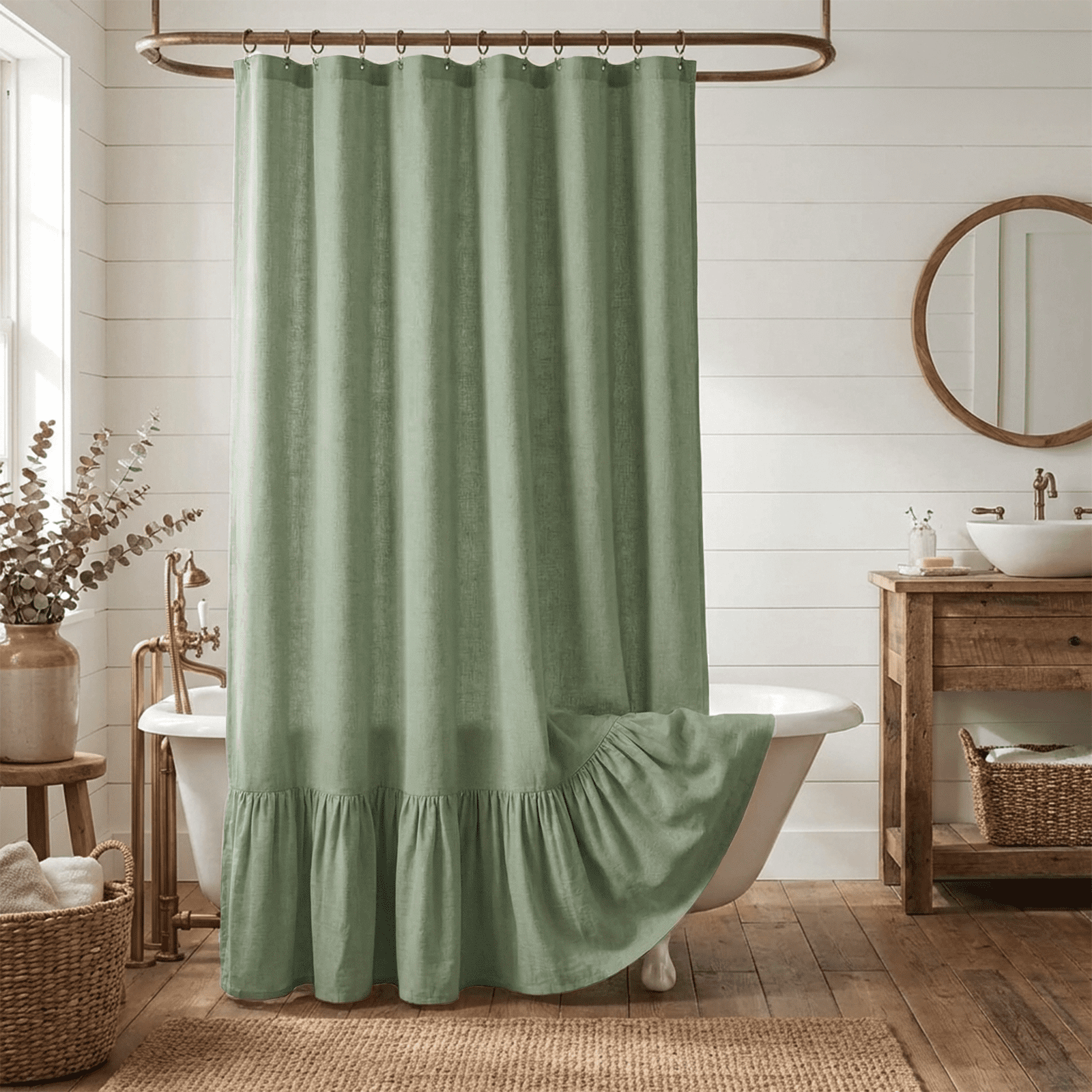 NixiYa Farmhouse Shower Curtain Ruffle Linen Shower Curtain for Bathroom 72"x72" Green
