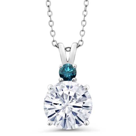 Gem Stone King 925 Sterling Silver White Moissanite and Blue Diamond Pendant Necklace for Women (4.15 Cttw, Gemstone Birthstone, Round 10MM, With 18 inch Chain)