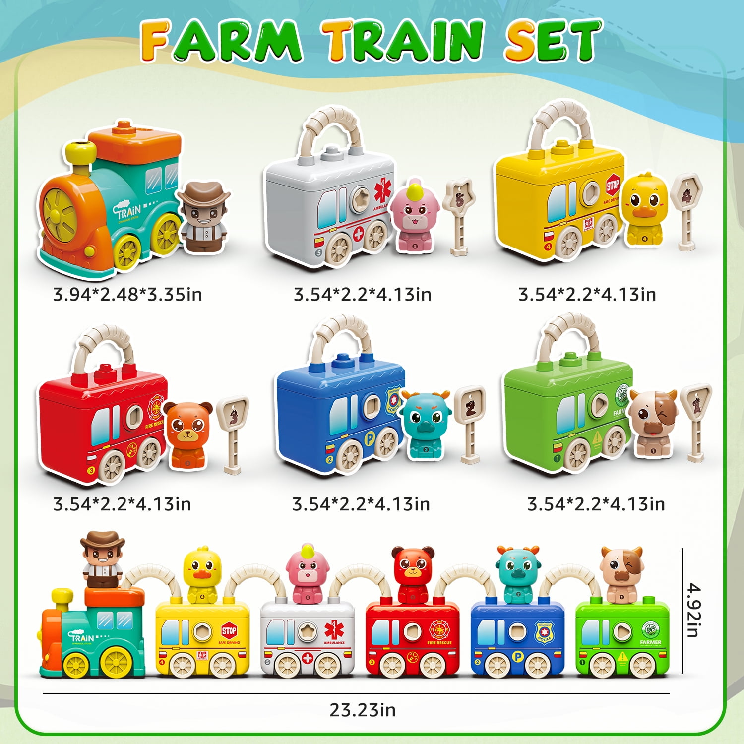 Carsky Montessori Train Toy with Lights & Music, 5-in-1 Vehicle Set w/ Keys, Numbers & Shapes Matching, Finger Puppet Animals&Stackable Cars, Educational Toy Christmas Train Gift for Toddlers 2-5