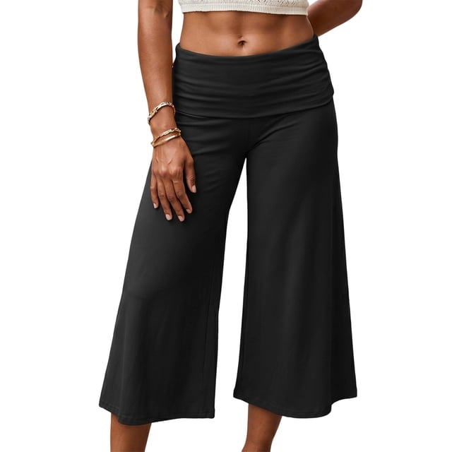 Argulvti Women's Capri Pants Fold Over Waistband Low Rise Solid Color Wide Leg Cropped Lounge Trousers